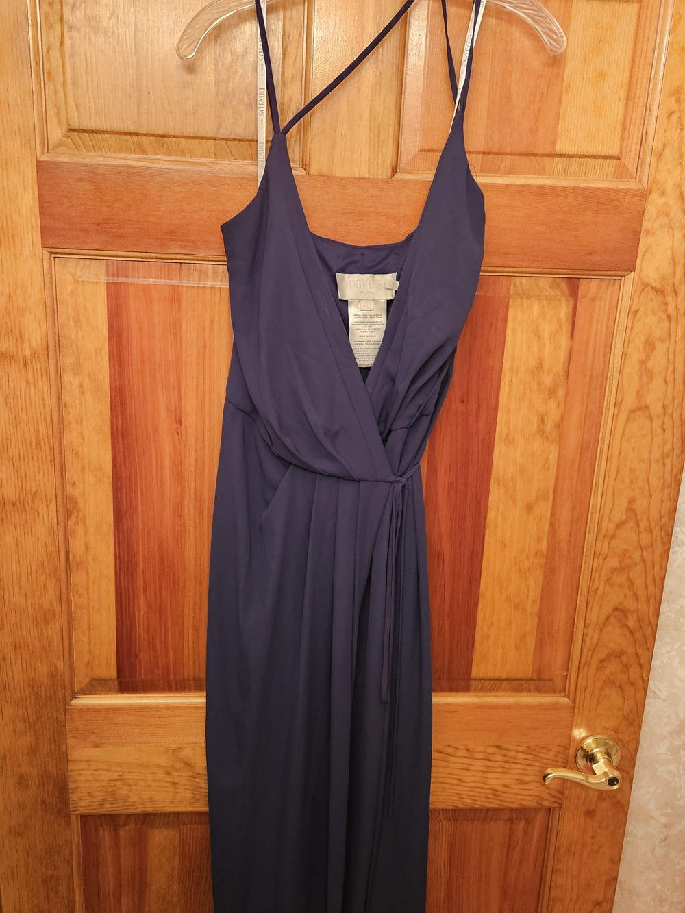 David's Bridal Navy Wrap Maxi Dress with Thin Straps